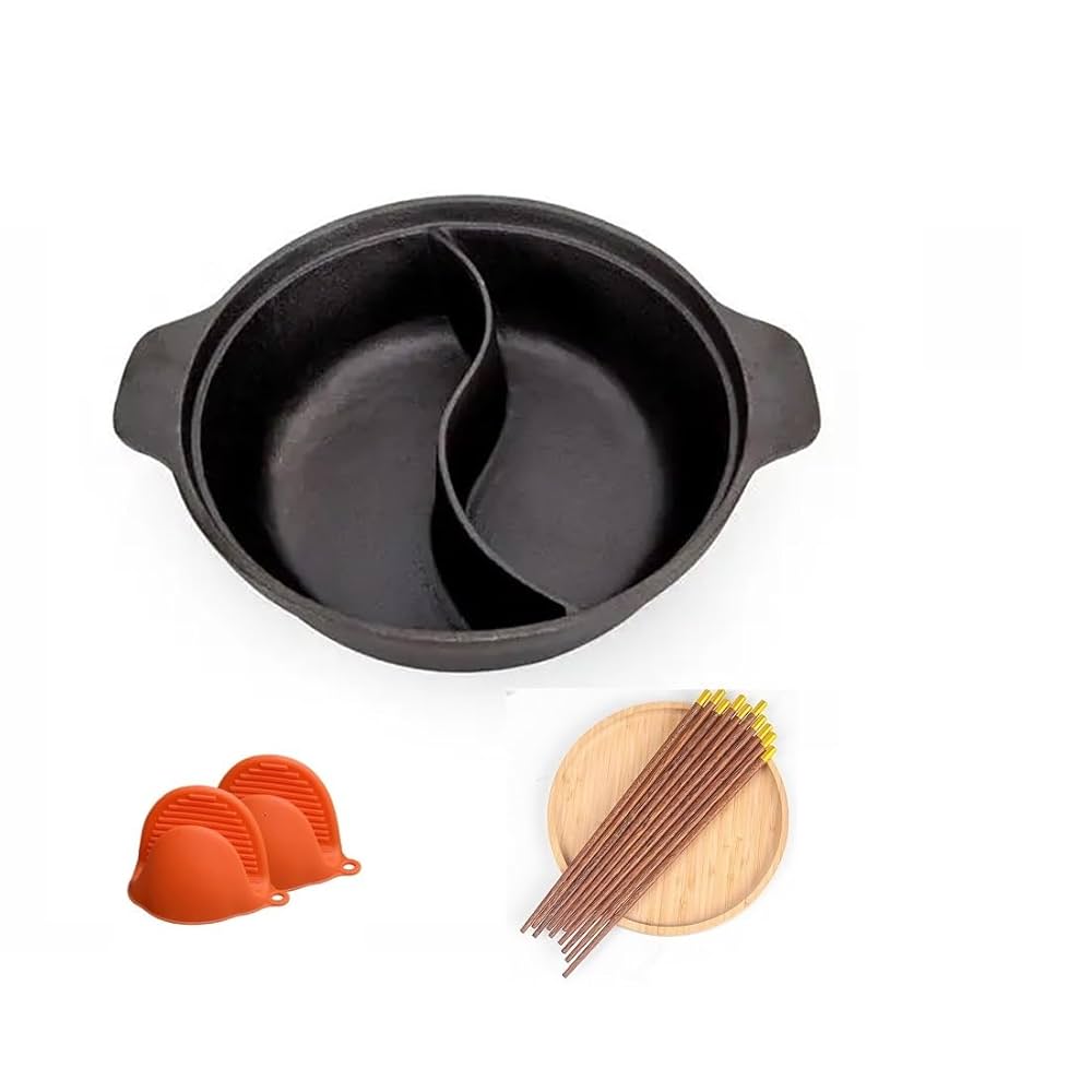 SPICYGEM Versatile pot ”black L size MIANZHI Cast Iron Dual-Sided 12.5 Inch Shabu Shabu Hot Pot